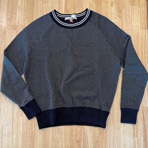 Theory 38 Women Knit Sweater Navy White Geometric Pattern CrewNeck Long Sleeve